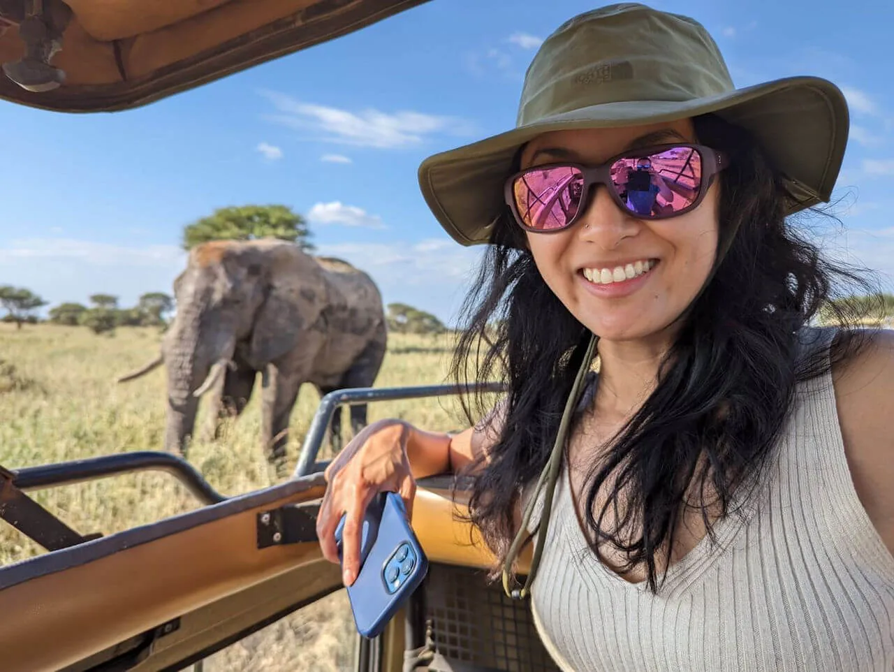 Traveller in a safari vehicle with an elephant nearby